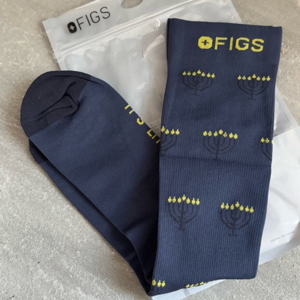 Figs Women's Size Medium "It's Lit" Menorah Hanukkah Navy Blue Compression Socks